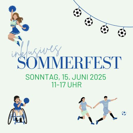 Grafik für ein inklusives Sommerfest mit Sportmotiven und Datum.