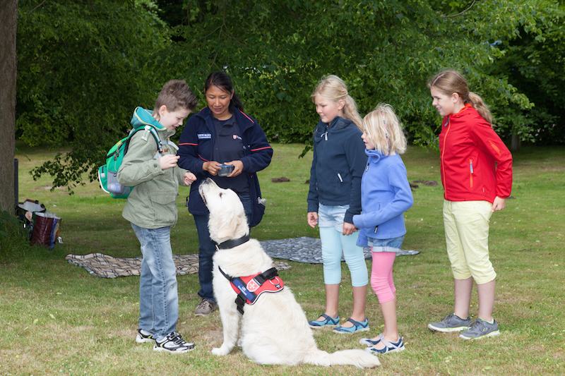 Ein Hund sitzt vor einer Gruppe von Kindern und einer Betreuerin im Freien.