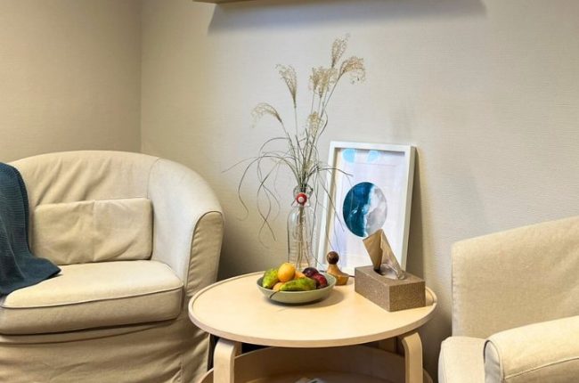 Ein kleiner Tisch mit einer Schale Obst und einer Vase in einem Sitzbereich mit zwei Stühlen.