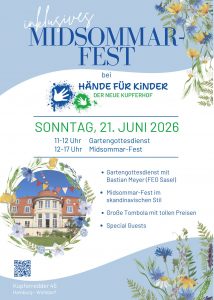 Pastellfarbener Flyer zum inklusiven MidSommar-Fest von Hände für Kinder im Neuen Kupferhof in Hamburg-Wohldorf mit Datum, Zeiten und Blumenmotiv.