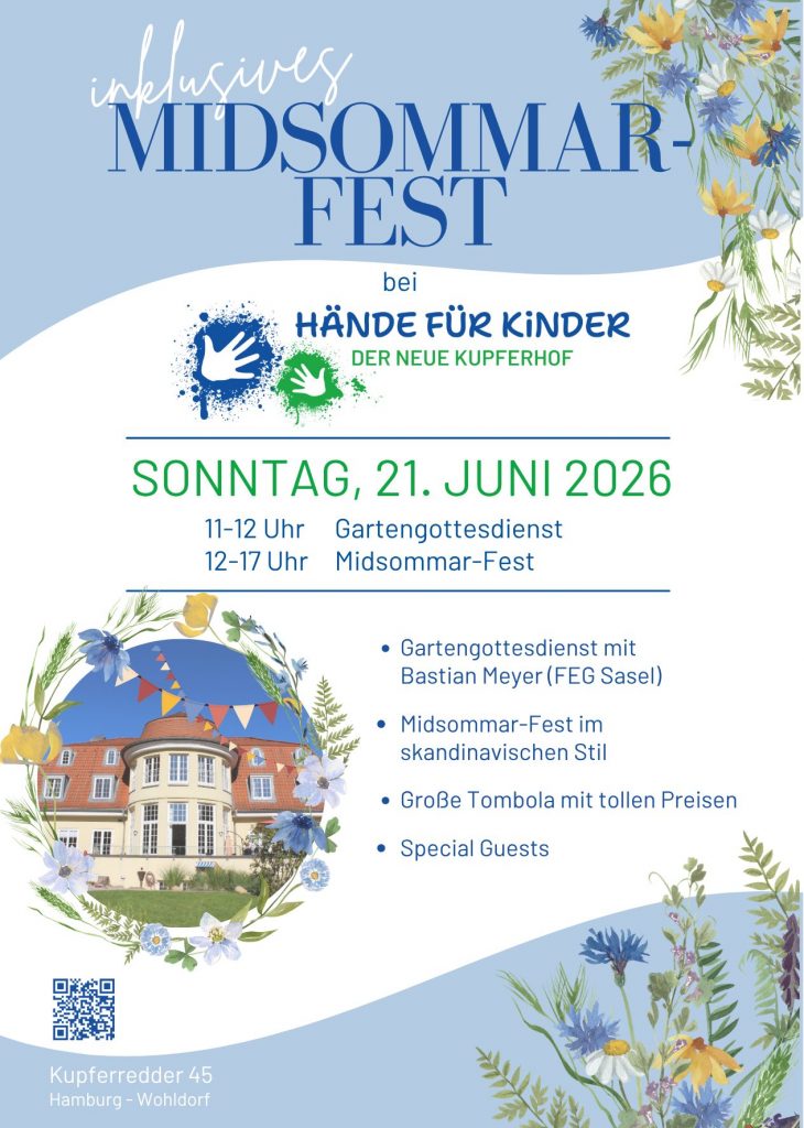 Pastellfarbener Flyer zum inklusiven MidSommar-Fest von Hände für Kinder im Neuen Kupferhof in Hamburg-Wohldorf mit Datum, Zeiten und Blumenmotiv.