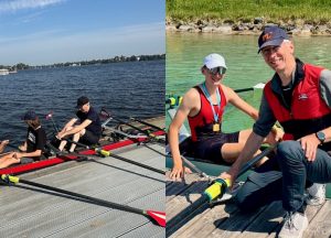 Auf dem Bild sind zwei Personen zu zwei verschiedenen Zeiträumen abgebildet. Links sind Vater und Sohn bei ihrem ersten Ausflug im Ruderboot zu sehen. Rechts sieht man den Sohn zu einem späteren Zeitpunkt mit einer Medaille um den Hals, daneben seinen Vater.