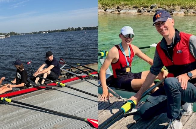 Auf dem Bild sind zwei Personen zu zwei verschiedenen Zeiträumen abgebildet. Links sind Vater und Sohn bei ihrem ersten Ausflug im Ruderboot zu sehen. Rechts sieht man den Sohn zu einem späteren Zeitpunkt mit einer Medaille um den Hals, daneben seinen Vater.